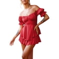 thumbnail image 3 of Sunisery Women Romper Dress Short Sleeve Ruffle High Waist Layer Off Shoulder Short Jumpsuit Dressy, 3 of 7