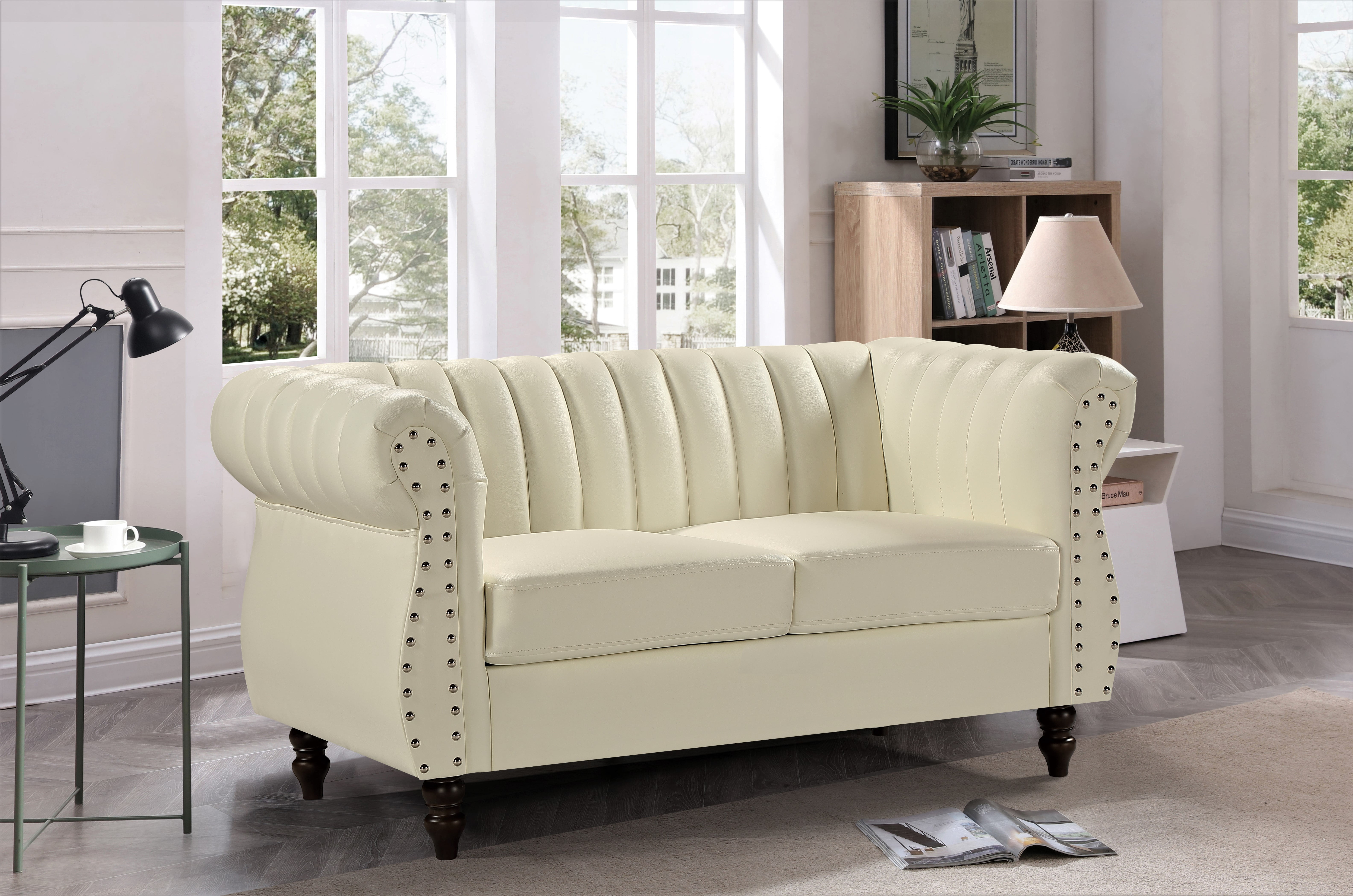Uspridefurniture Charlot Faux Leather Rolled Arm 2Pcs Living Room Set, Cream White