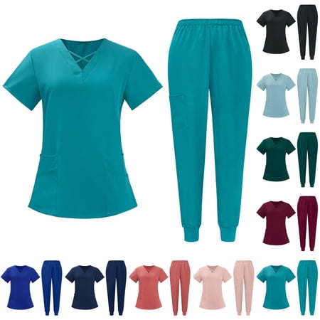 Minjewel Women s V-Neck Short Sleeve Scrubs for Women Set with Pockets Professional & Comfortable Scrub Set for Healthcare Staff Wine S