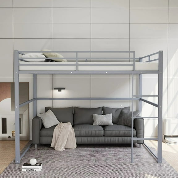 FlexiSpot Full Size Metal Loft Bed Frame with Guard Rails & Ladder, Space-Saving Elevated Bed for Stylish Bedroom, Sturdy Metal Structure with Large Under-Bed Area for Sofa or Desk, Gray