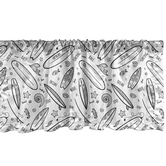 Ambesonne Surfboard Window Valance, Monochrome Coastal, 54" X 18", Black White