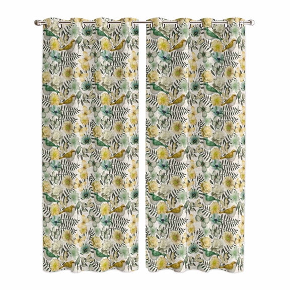 Vintage Flowers Kitchen Curtains Window Panels, Spring Yellow Green Floral Country Leaves Birds Insulated Window Treatment Curtain, Grommet Curtains for Bedroom/Living Room, 2 Piece 42"Wx84"L