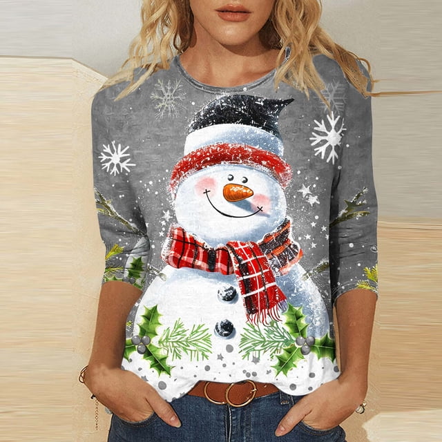 FcBaudy Hauts pour Femmes, Blouses & Chemises à Manches Longues Col Rond, Chemises pour Femmes Mode Décontractée Imprimé de Noël Col Rond T-shirt Manches 3/4 Blouse Femme Polyester Blouse