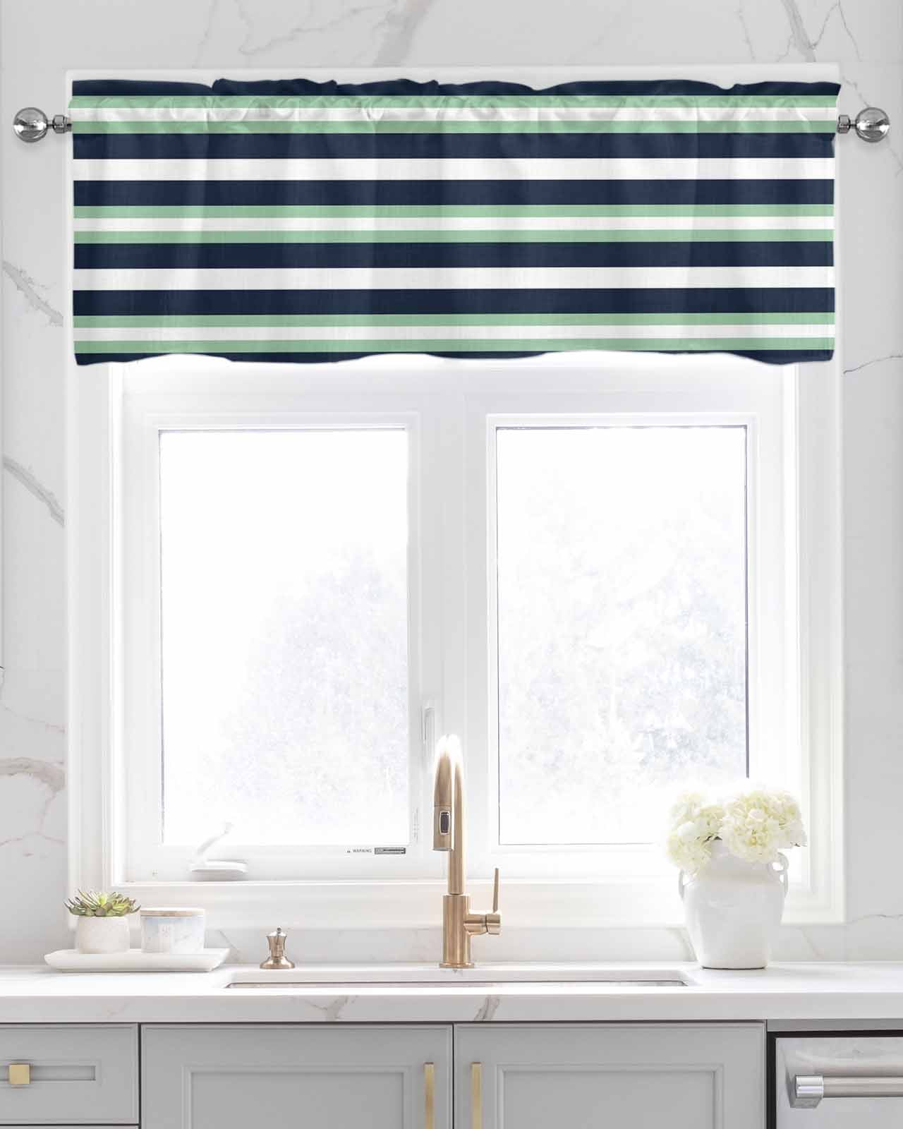 Green Navy Blue Striped Kitchen Valances for Windows Farmhouse Linen Window Valance Curtain for Living Room Window Treatment Chic Abstract Lines Geometric Valance Rod Pocket Topper, 42 x 18 Inch