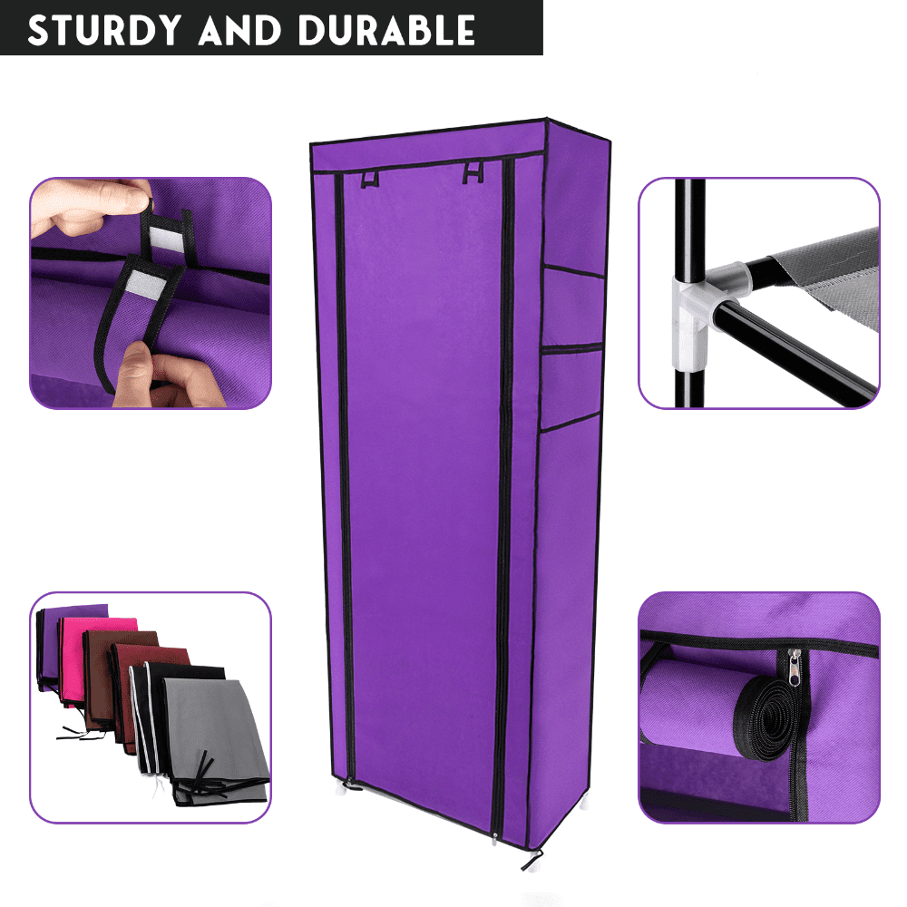 Hassch Shoe Rack with Cover and Side Pockets, 10-Tier Large Capacity Tall Shoe Shelf, Free Standing Storage Organizer for Entryway, Closet, 22.83"L x 11.4"W x 63"H, Purple