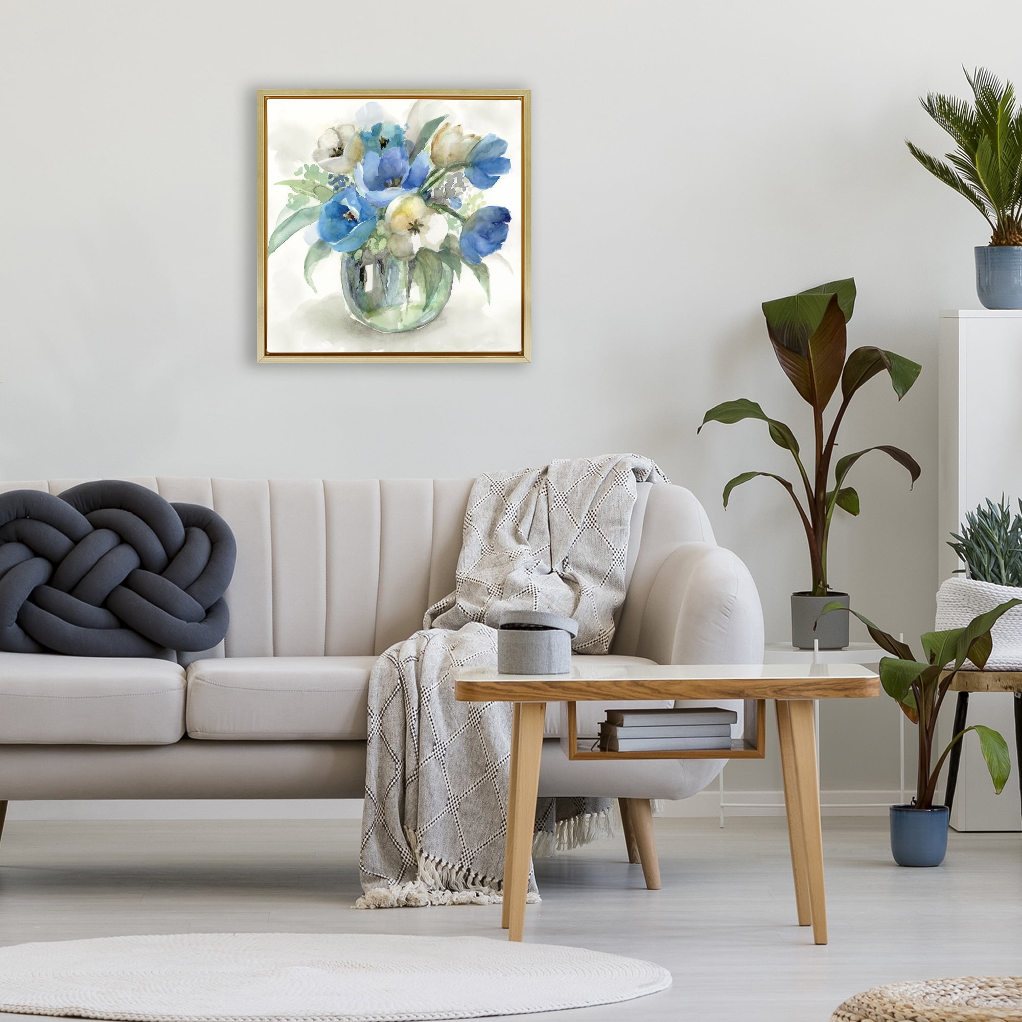 Stupell Industries Blue Tinted Flower Pot Gold Framed Floater Canvas Wall Art, design by Nan