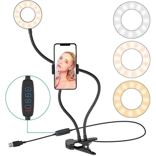 Selfie Ring Light with Cell Phone Holder Stand for Live Stream/Makeup Desk Lamp with 64 LED Bulbs 3 Light Modes 10-Level Brightness Flexible Arms Compatible Light