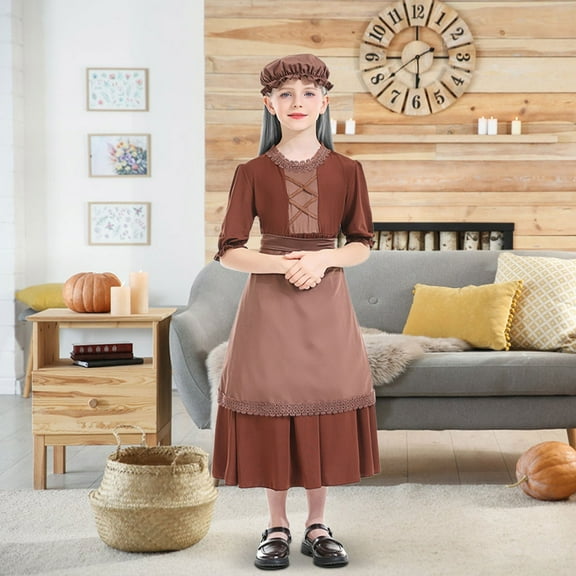 EnJoCho Pion𝖾er Girl 𝖢olonial Prairie Dress 3-Piece Set with Apron Long Sleeve Vintage Dress Halloween Par𝗍y Outfit for Kids