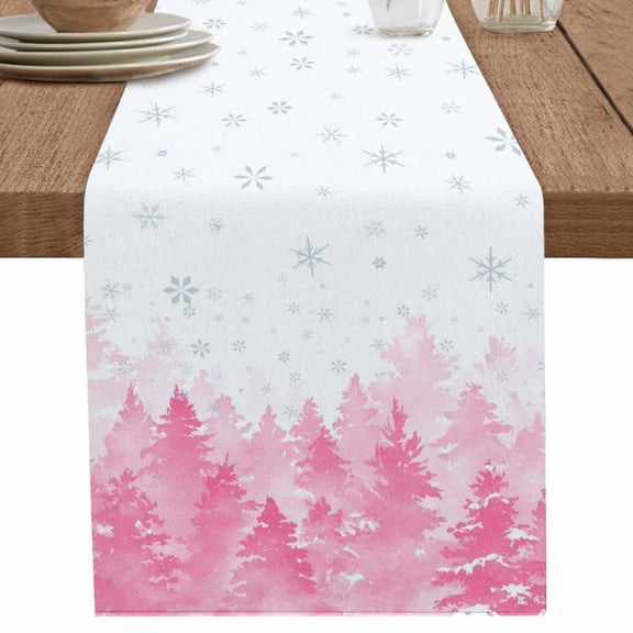 nqOlkjepod Pink Christmas Table Runner 36 Inches Long Farmhouse Dress Scarves, Winter Snowflake Abstract Forest Tree Dining Tablerunner for Coffee Table/Kitchen Island/Party Décor, Small 13" x 36"