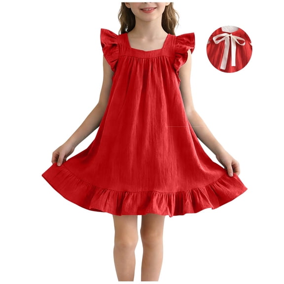CYRBOKO Toddler Girls Dresses with Ruffle, Casual A-line Flutter Sleeve Cotton Flower Girl Dresses Red Size 4-5 T