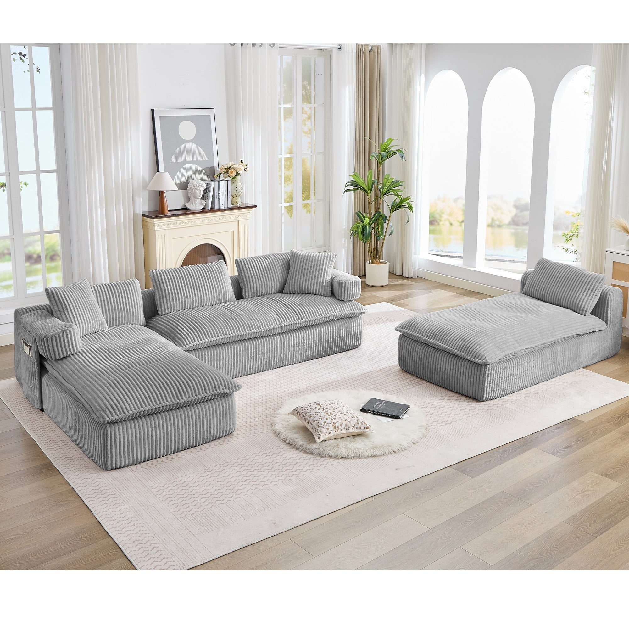 LLappuil Sectional Sofa, Oversized Sectional Couch Convertible Sofa Bed, 6 Seat Corduroy Sofa Couch with Side Pocket for Living Room, No Assembly Gray
