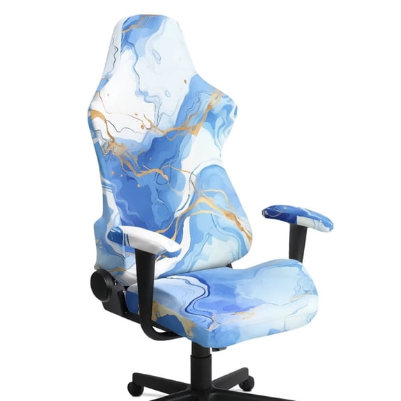 Jiueut White Blue Golden Marble Print Gaming Chair Cover with Armrest Cover, Stretchable Protection for Computer Chair Anti-Dust Reclining Gaming Chair Slipcover with Elastic Bottom