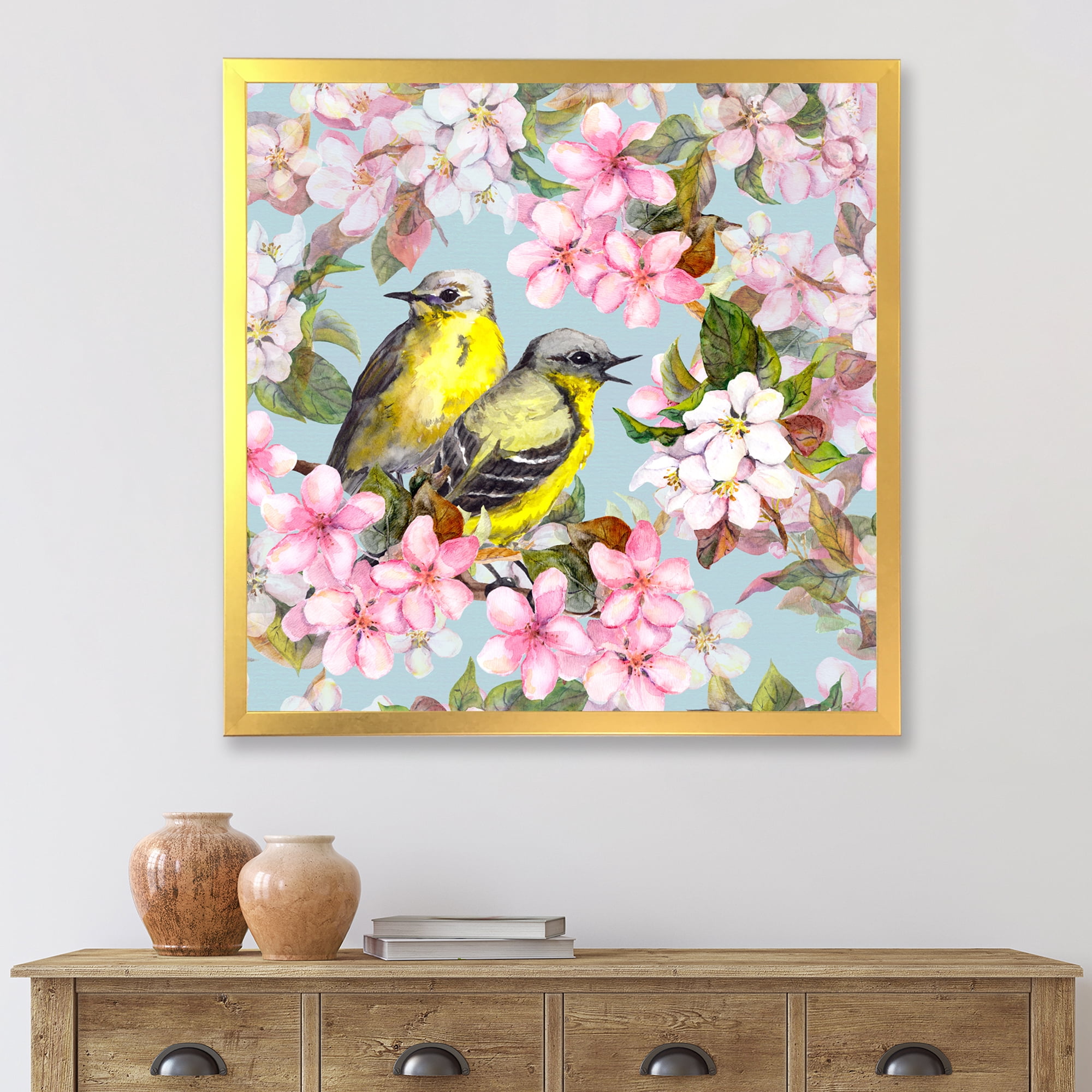 Designart 'Birds On Pink Cherry Sakura and Apple Flowers II' Traditional Framed Art Print