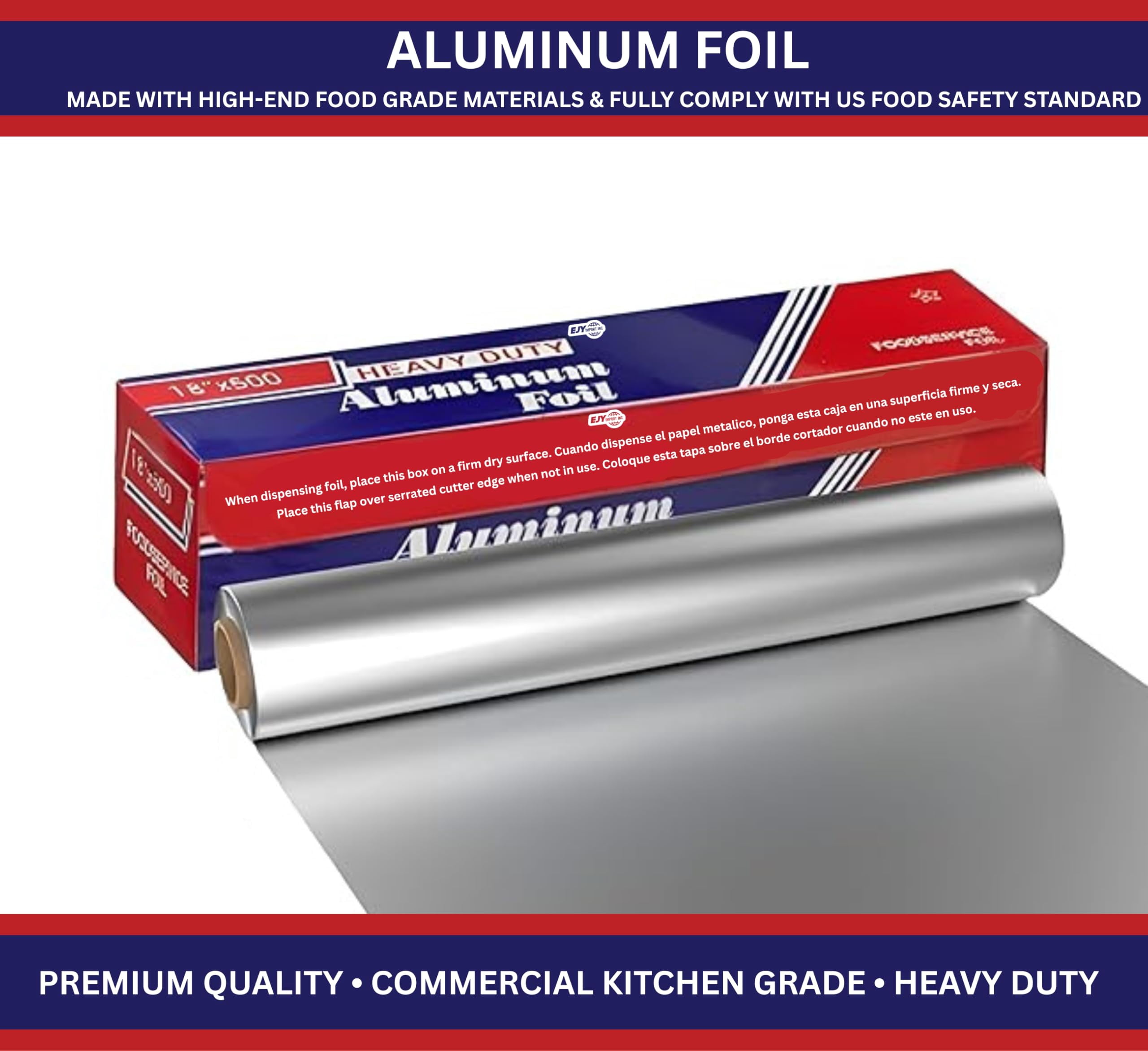 EJY IMPORT 18” x 500 Feet Heavy Duty Aluminum Foil Wrap | Commercial Grade for Food Service Industry | Aluminum Silver Foil for Cooking, Baking, Roasting, BBQ | 18"x 500 Feet Long (Pack of 1)