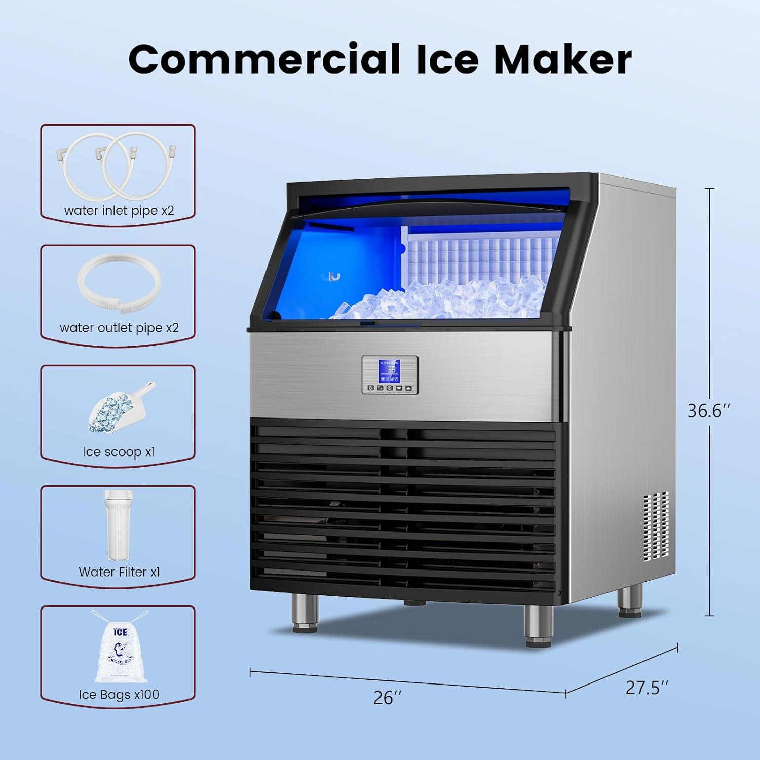 Professional Grade Ice Maker - 550Lbs/24H Output, 360Lbs Storage Bin, 5-15 Minute Production, Stainless Steel with Water Line Connection