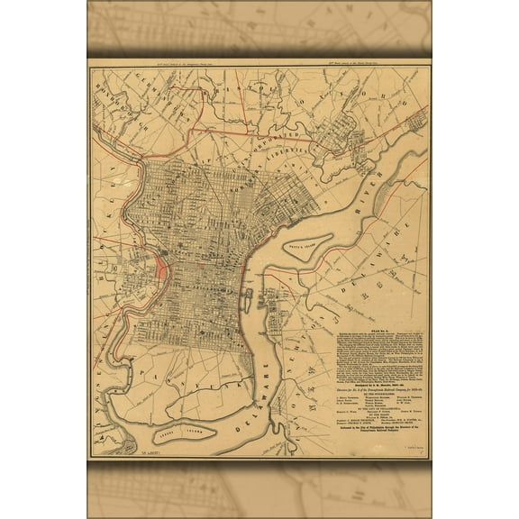 24"x36" Gallery Poster, map of city of Philadelphia 1858