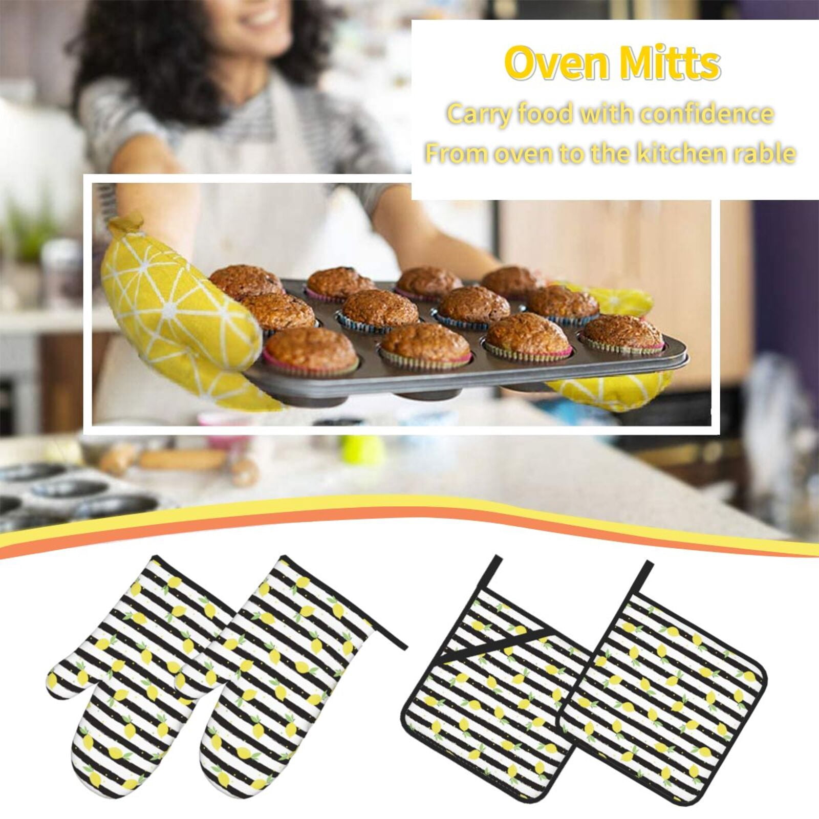 Naloa Lemon_1 Oven Mitts and Pot Holders 4 pcs Set, Cooking Baking Grilling Kitchen Oven Glove for Cooking