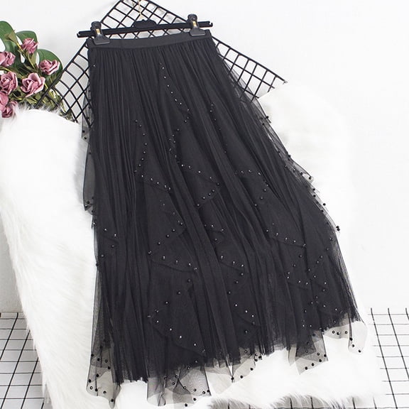 Mifsaly Pearl Beaded Tulle Skirt Women Layered Ruffle High Waist Aline Skirts Tiered Flowy Elegant Bridal and formal Occasion Outfits Free Size