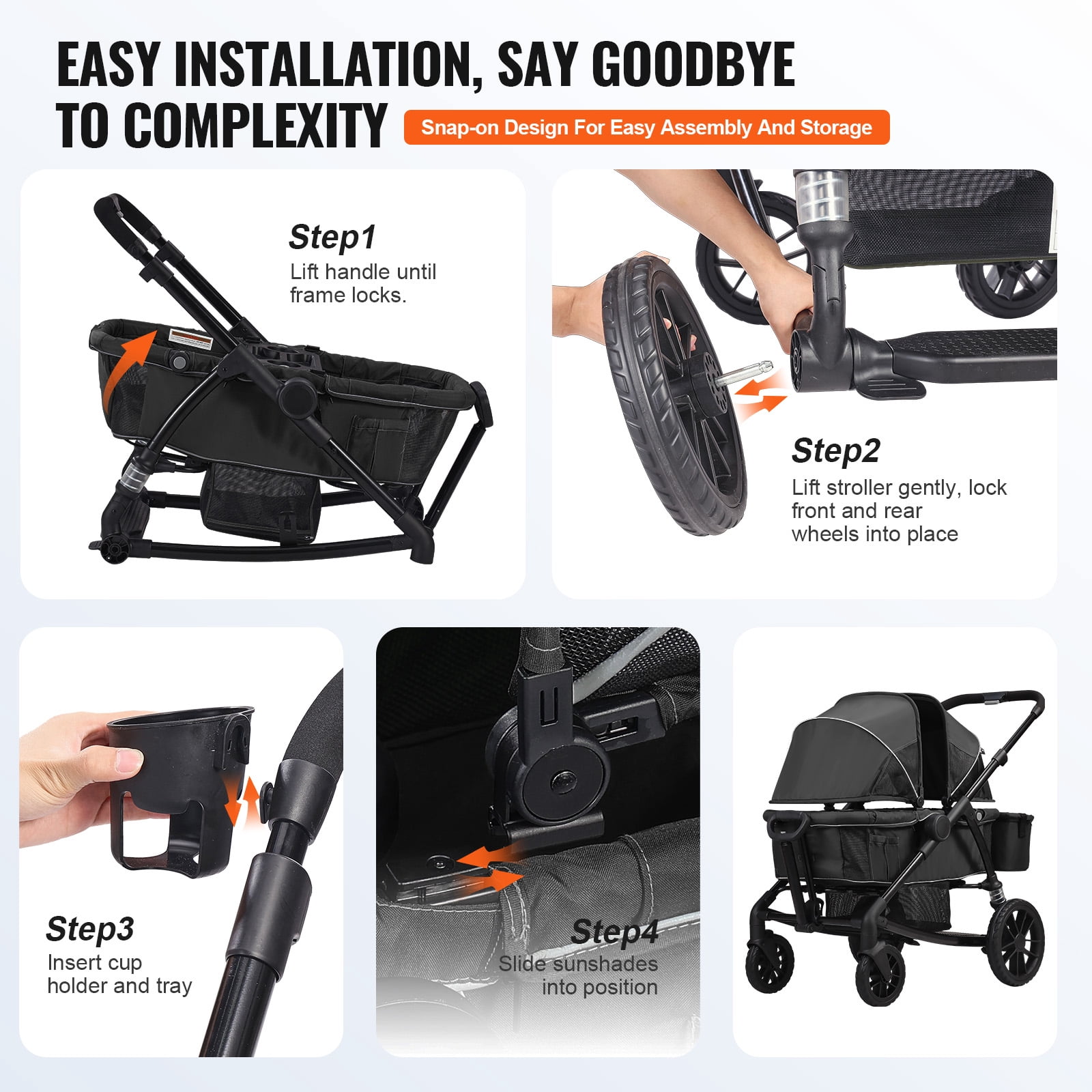 KFFKFF Multi-Terrain Wagon Stroller, Dual-Seating, Easily Foldable for Travel, Comes with Shade Cover, Storage for Parents, Food Tray & Beverage Holders, Supports up to 55lbs per Seat