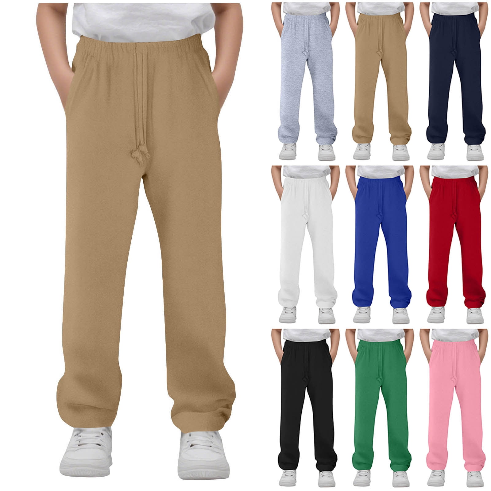 Pretxorve Kids Boys Stretch Pants Solid Drawstring Lace Waist Side Pockets Straight Sport Bottoms Sizes 5-15Y
