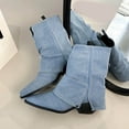 thumbnail image 3 of Slouchy Fold Over Denim Fall Boots for Women Wide Calf Chunky Heel Pointed Toe Pull on Ankle Booties, 3 of 7
