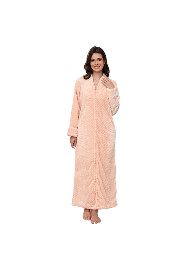 Womens Zip Up Fleece Robe Warm Loose Flannel Fleece Bathrobe Plush Zipper Lounger Robe for Ladies