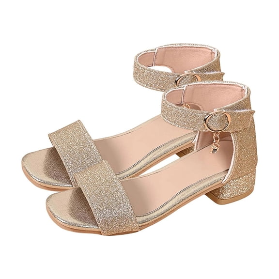 Gpaecead Girls Glitter Chunky Heel Sandals Breathable Adjustable Ankle Strap Soft Non Slip Spring Summer Princess Shoes,Gold