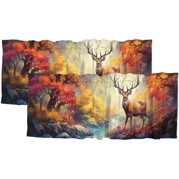 Cenefas para cortinas de ventana con diseño de ciervos, animales, bosque, vida silvestre, otoño, caza, jungla, rústicas, con bolsillo para varilla, para dormitorio, sala de estar, comedor, 54 x 18