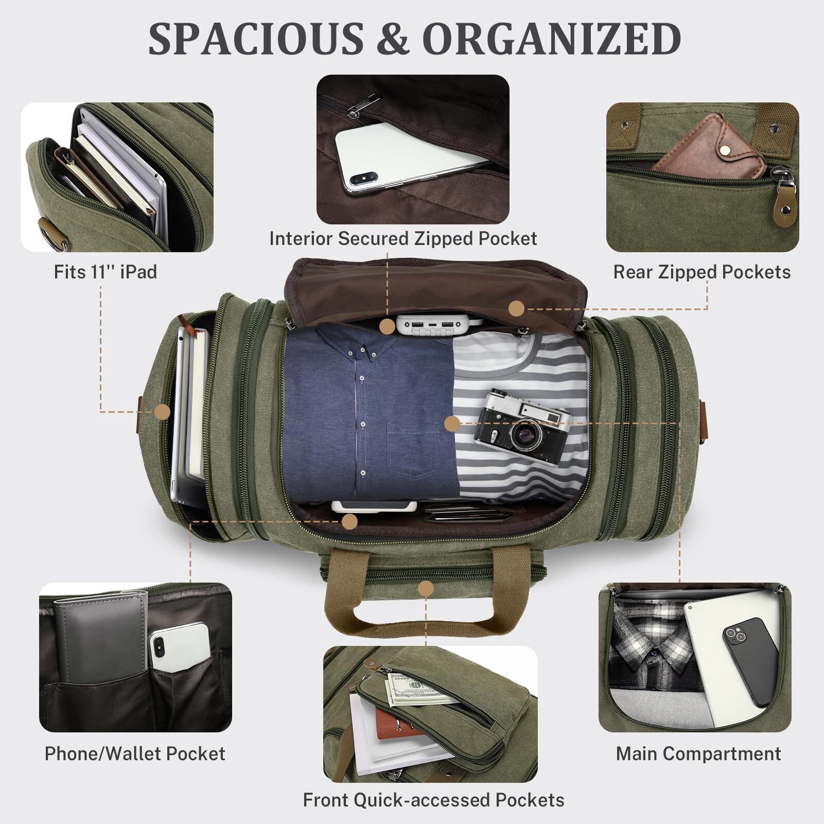 Gonex 50L Canvas Duffel Bags 24" Expandable Travel Overnight Weekender Bag for Men Women