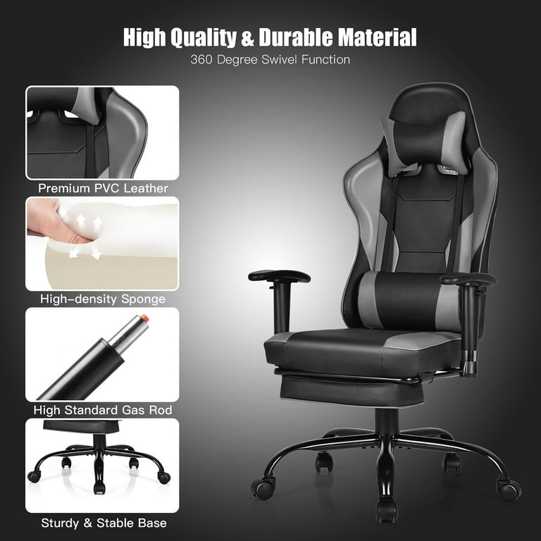 PU Leather Gaming Chair with USB Massage Lumbar Pillow and Footrest -  Costway