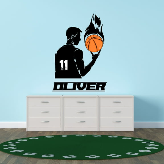 Sports Personalized Wall Decals for Boys Bedroom - Basketball Player Spinning Flaming Basketball Player DIY & Creativity Custom Name Wall Sticker - Size: 21 In x 30 In