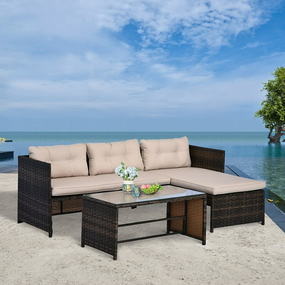 Outsunny 3 Piece Patio Furniture Set, Rattan Outdoor Sofa Set with Chaise Lounge & Loveseat, Soft Cushions, Table, L-Shaped Sectional Couch, Beige