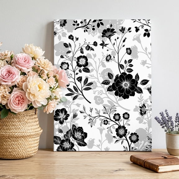 Vintage Flower Canvas Wall Art, Black Gray Flower Leaf Abstract Art Framed Canvas Wall Decor Picture Print Artwork Decorations for Living Room Office Ready to Hang 24" x 16"