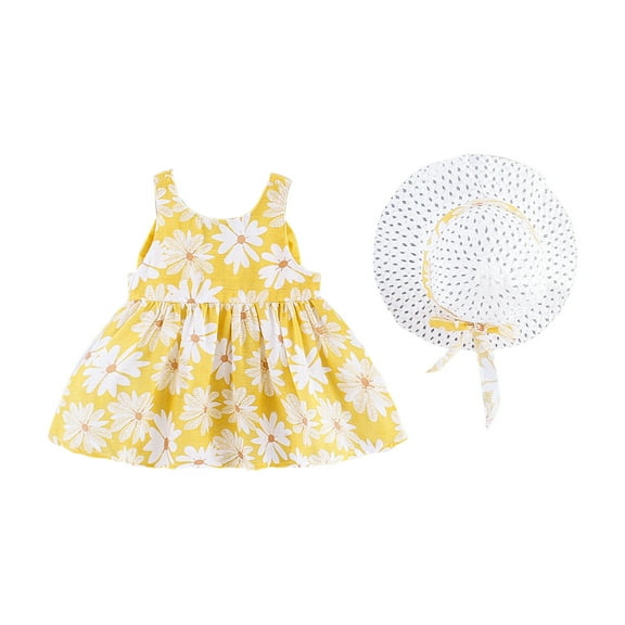 Odeerbi Baby Girl Clothes Girls Dresses Toddler Kids Cute Summer Flowers Print Bow Sleeveless Dress Skirt Hat Suit
