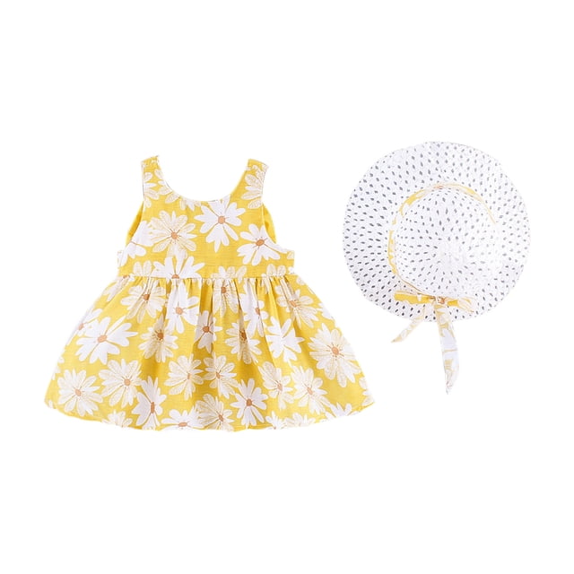 Vêtements d'Été pour Bébés Filles, Tout-Petits, Mignon, Sans Manches, Robes à Imprimé Floral, Ensemble avec Chapeau, Robe de Plage pour Enfants