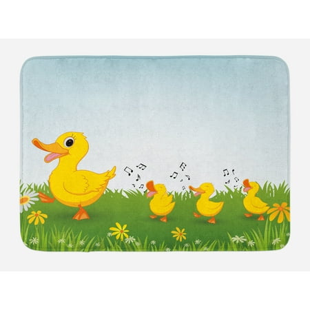 - Cartoon Bath Mat, Mother Duck and Babies Walking and Singing on the Meadow with Flowers, Non-Slip Plush Mat Bathroom Kitchen Laundry Room Decor, 29.5 X 17.5 Inches, Mustard and Pale Blue, Ambesonne