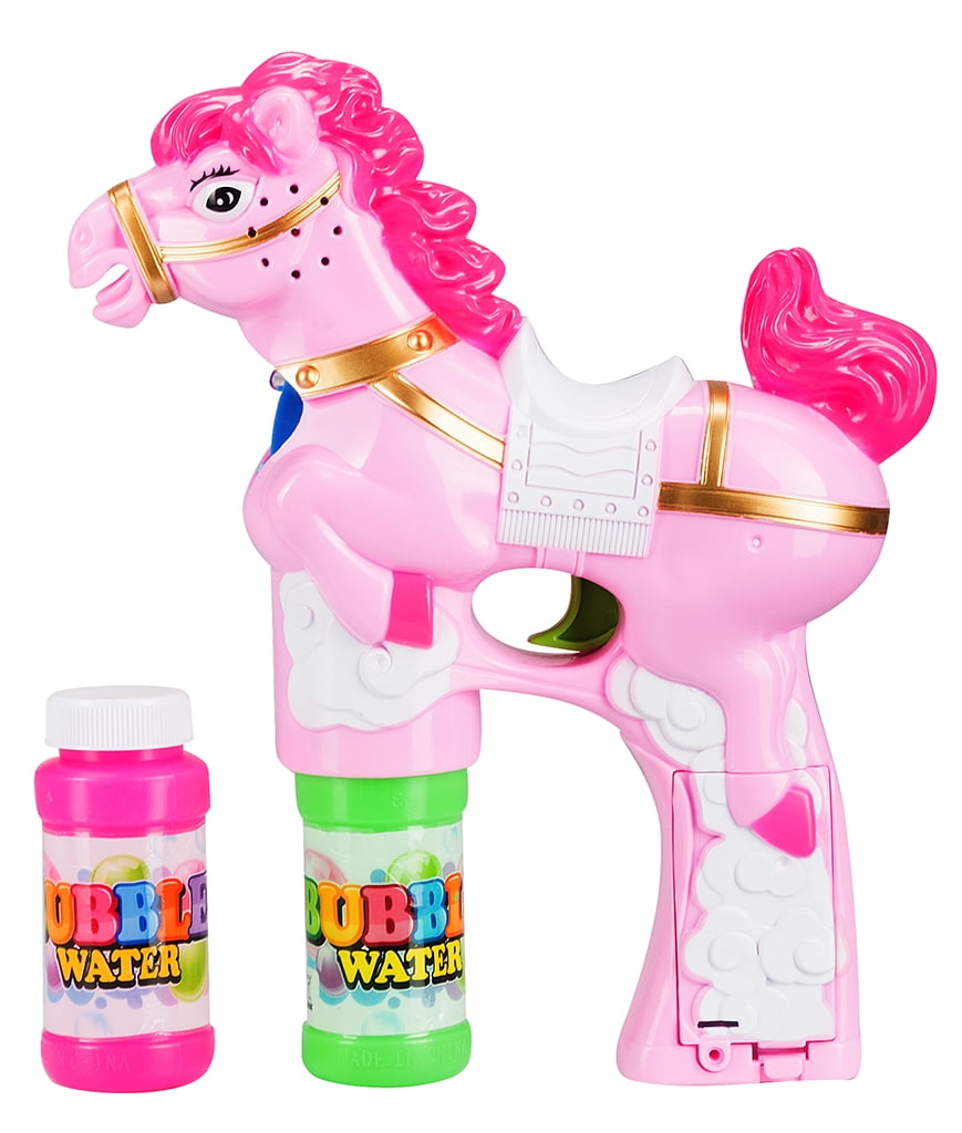 Fun Central (BC606) 6 Inch LED Pony Bubble Gun, Light Up Bubble Gun For Kids, Bubble Gun Set