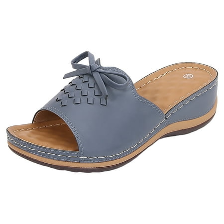 

Womens Sandals 2024 Retro Bow Round Head Car Line Non Comfortable Soft Bottom Slope Heel One Word Large Dize Slope Sandals