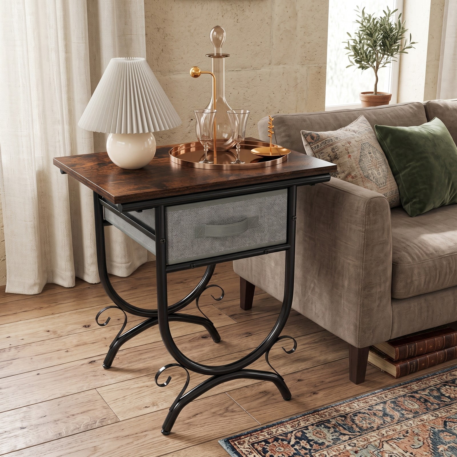 Furnibear Side Table with Fabric Drawer and Carved Metal Frame Nightstand for the Living Room and Bedroom, Black and Gray