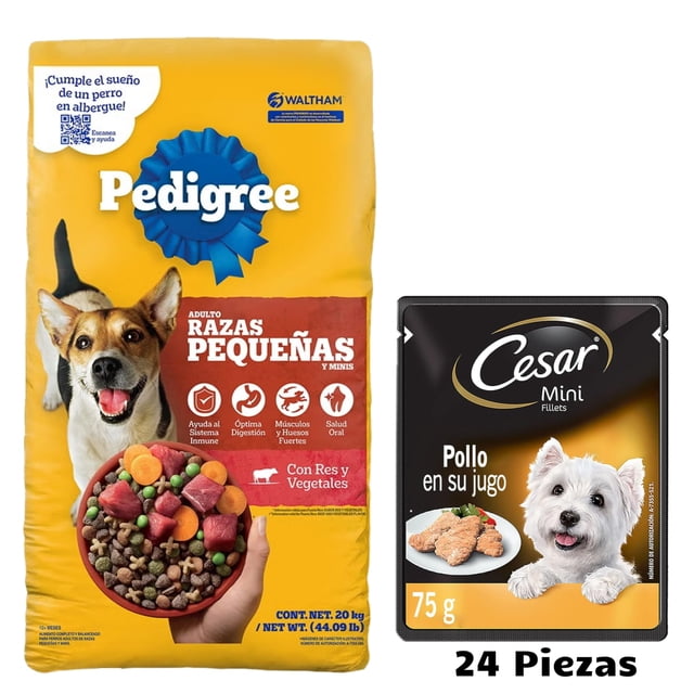 Pedigree Adulto Raza Pequeña 20 Kg + Caja Cesar Adulto Sobre Pollo 75 gr (24 Pzas)