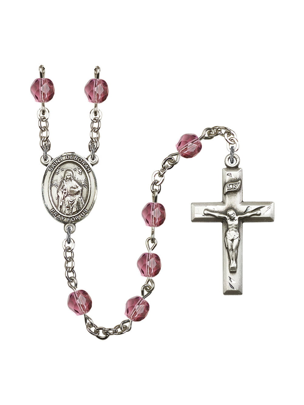 and 1 5/8 x 1 inch Crucifix Silver Finish St St Gift Boxed Deborah Center Deborah Rosary with 6mm Topaz Color Fire Polished Beads 