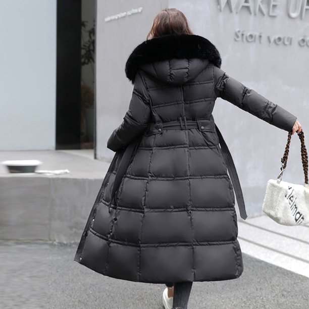 Chaqueta de invierno de algodón acolchado de corte entallado con cinturón y cuello de lana, chaqueta fina, abrigo de plumón, chaqueta de algodón acolchado de lana por encima de la rodilla