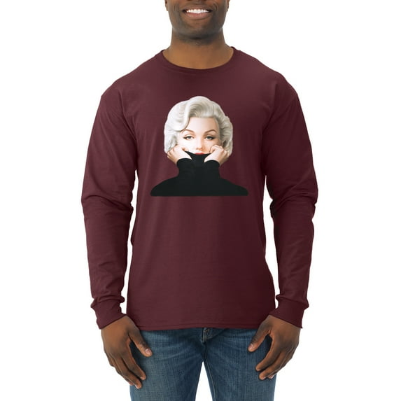 Wild Bobby, Hip Marilyn Monroe Portrait Classic Beauty Pose, Famous People, Men Long Sleeve Shirt, Maroon, Medium