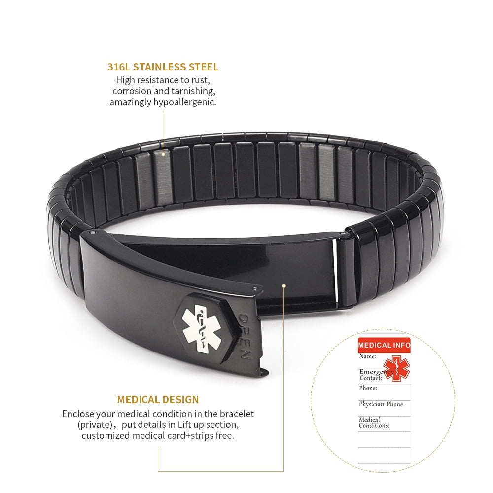 Black Medical Alert Bracelet for Men Women, Elastic Stainless Steel ID