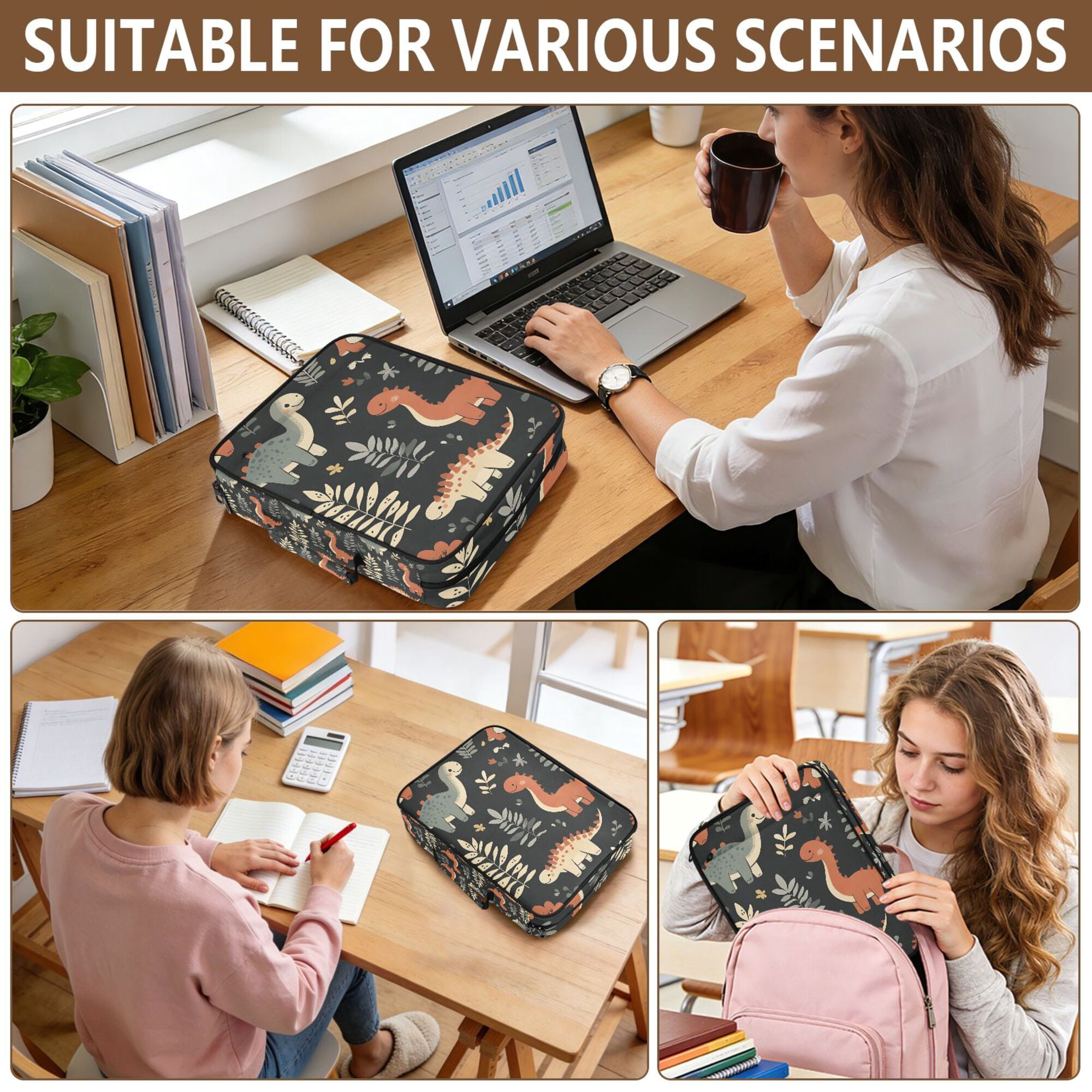 FORMRS Accordion File Folder A4 Size 7-Pocket Expanding Document Organizer Bag with 3 Ring Binder, Gray Dinosaur