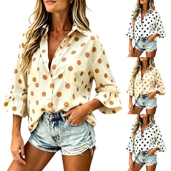 Womens Polka Dot Lapel Collar Button Down Blouse Ruffled Flare 3/4 Sleeve Loose Fit Casual Everyday Wear Shirt Top Beige XL(XL)