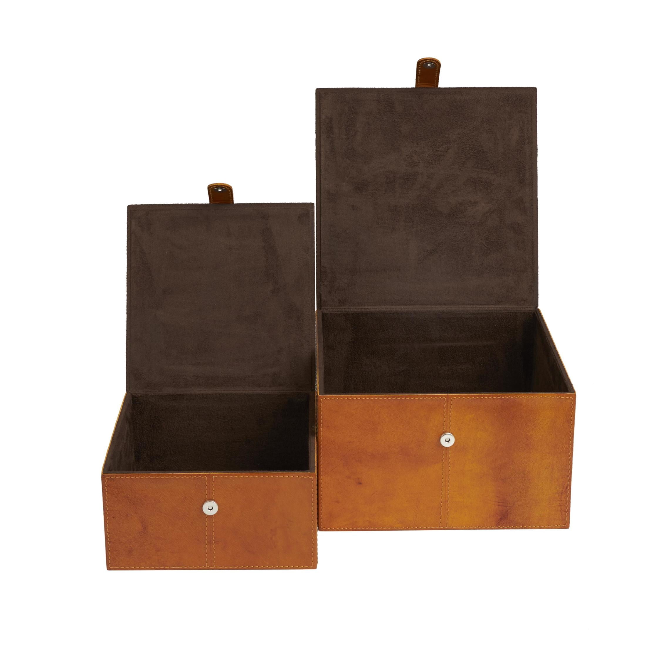 DecMode Handmade Storage Brown Leather Decorative Box with Snap Front Closure and Detailed Stitching, 2 Count
