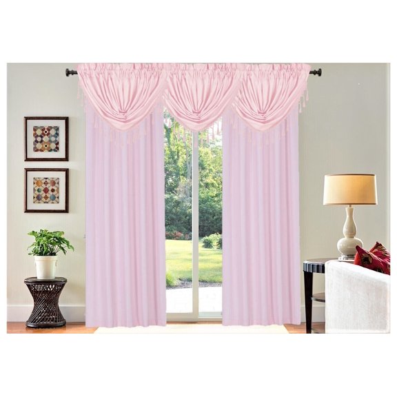 Set of 5 piece 2 panels R64 and 3 matching waterfall valances PINK color blackout light filtering lined window curtain for living room, bedroom, sliding door décor