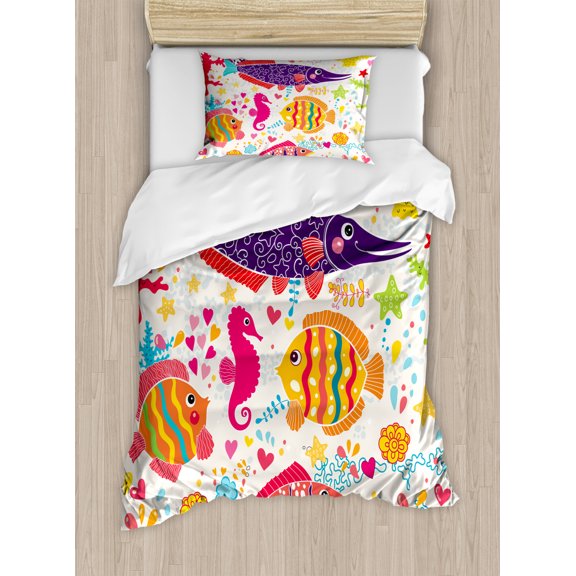 Sea Animals Twin Size Duvet Cover Set, Cartoon Art with Fish Seahorse Starfish Dolphin Coral Underwater Life Kids, Decorative 2 Piece Bedding Set with 1 Pillow Sham, Multicolor, by Ambesonne