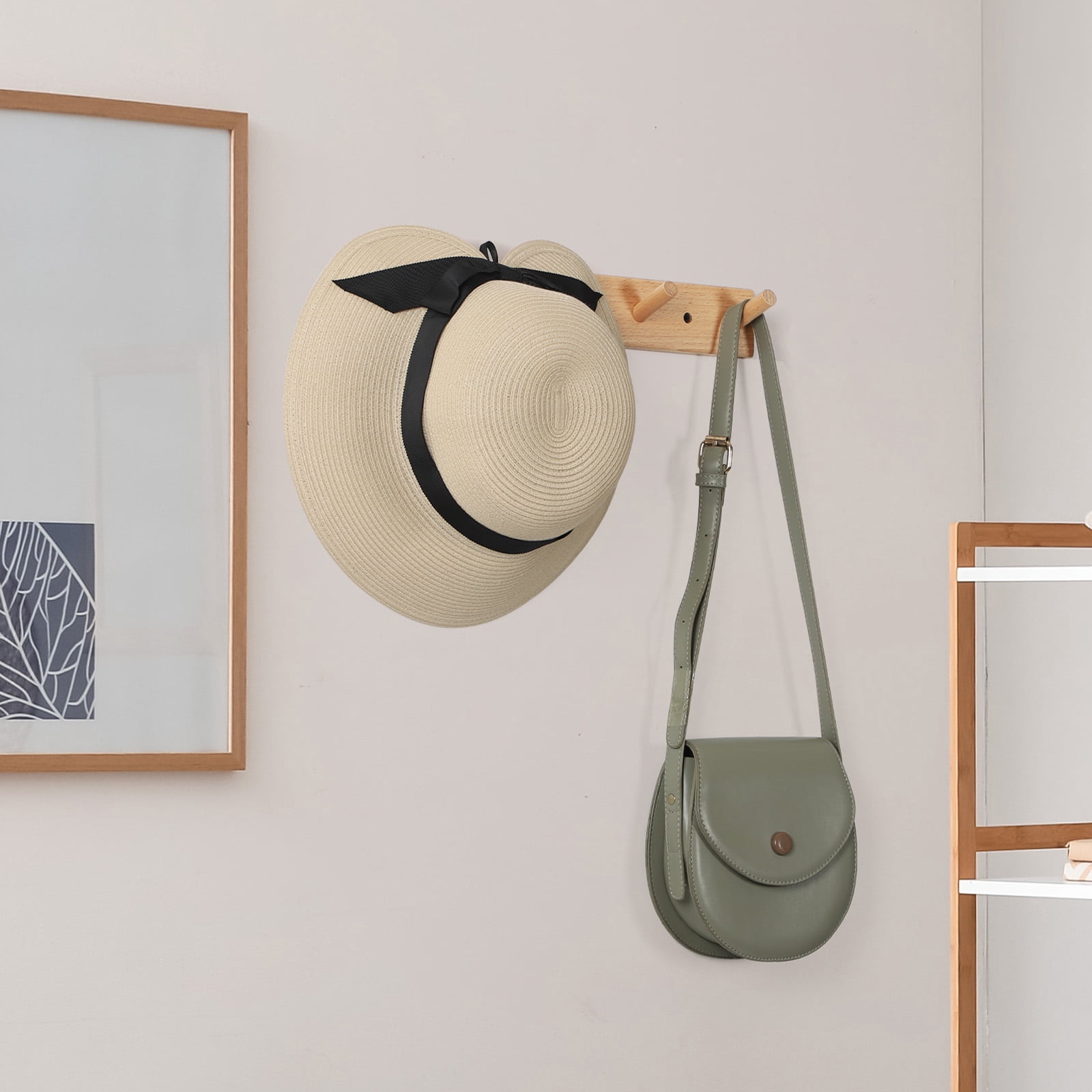 Wall Mounted Wood Coat and Hat Rack, 4 Hooks, Light Brown